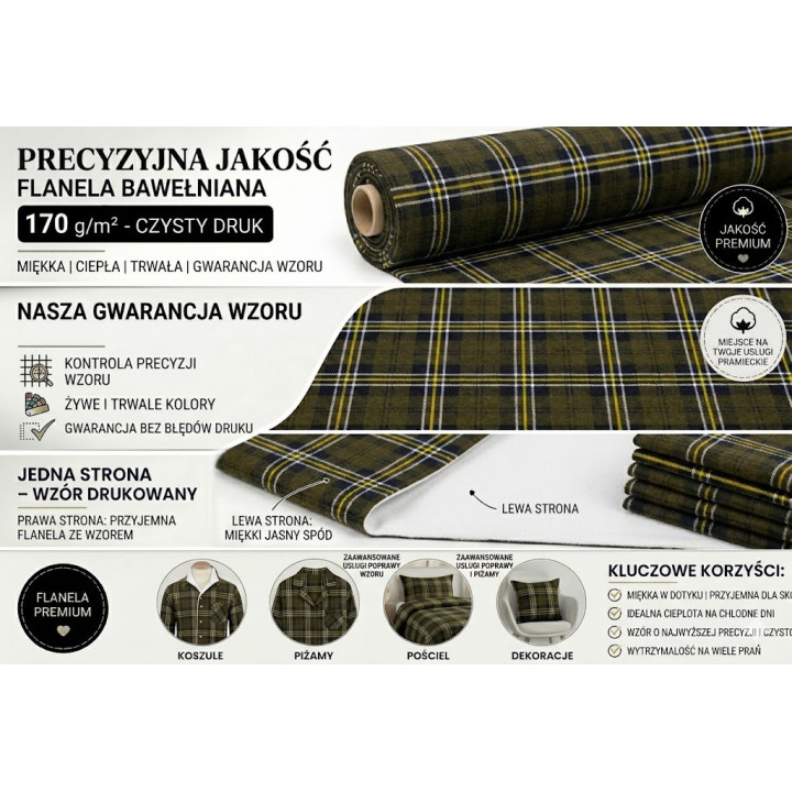 Flanela 170 g/m² miękka bawełna podwójnie drapana  kolor zielony oliwka