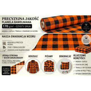 Flanela pomarańczowo-czarna 170 g/m² – bawełna 100%, szkocka krata