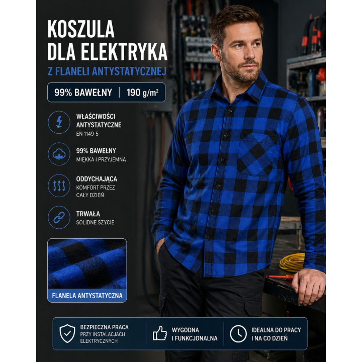 Koszula antystatyczna elektrostatyczna flanelowa dla elektryka190 g/m²