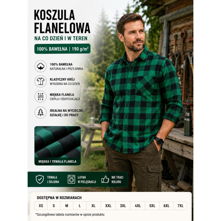 Koszula flanelowa duże rozmiary do 7 xl 190 g/m² niebieska, czerwona, zielona