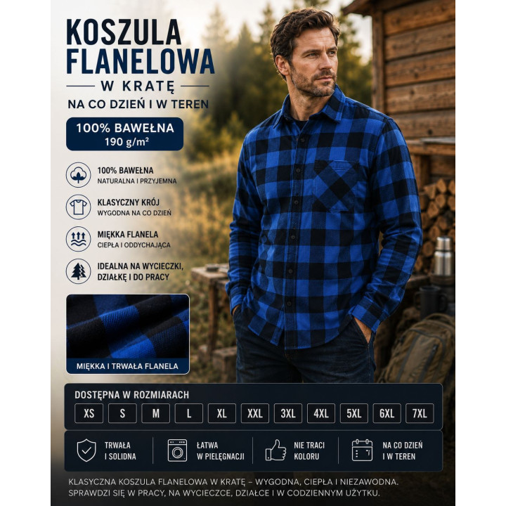 Koszula flanelowa duże rozmiary do 7 xl 190 g/m² niebieska, czerwona, zielona