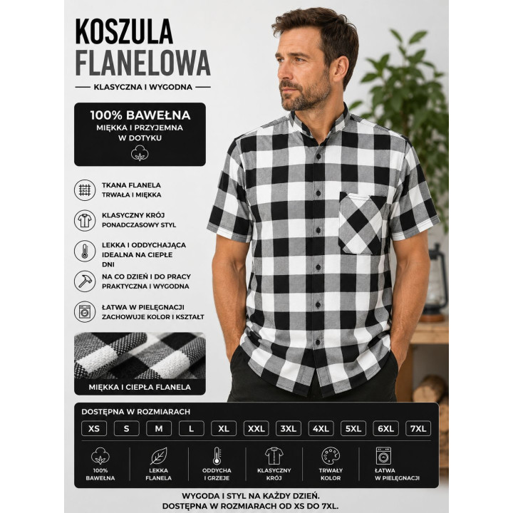 Flanelowa koszula czarno biała krótki rękaw