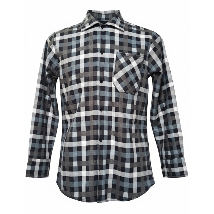 Szaro-czarna koszula flanelowa męska, bawełna 100%. Gramatura 170 g/m². Rozmiary XS–7XL – klasyka w codziennym stylu.