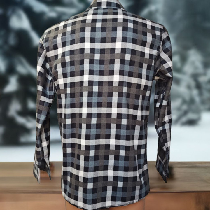 Szaro-czarna koszula flanelowa męska, bawełna 100%. Gramatura 170 g/m². Rozmiary XS–7XL – klasyka w codziennym stylu.