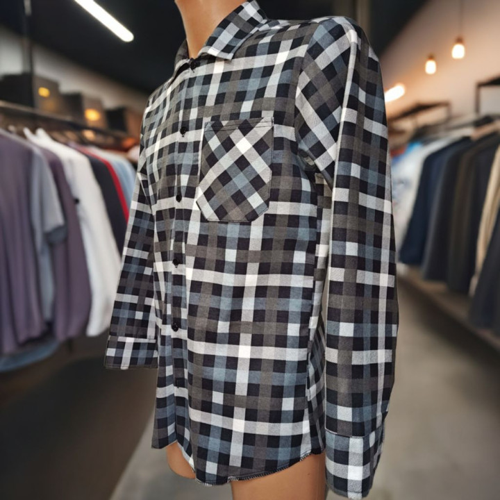 Szaro-czarna koszula flanelowa męska, bawełna 100%. Gramatura 170 g/m². Rozmiary XS–7XL – klasyka w codziennym stylu.