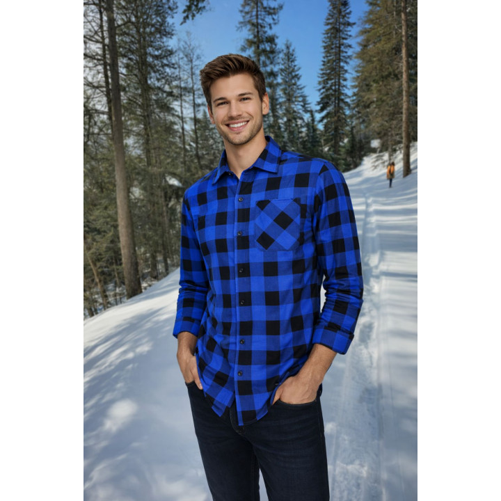 Koszula męska flanelowa z kieszenią – kratka niebiesko-czarna